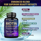 StrongVit Biotin with Hyaluronic Acid, Keratin and Collagen Supplements - 10000mcg for Hair Growth Women and Men - Hair Skin and Nails Vitamins - 60 Capsules