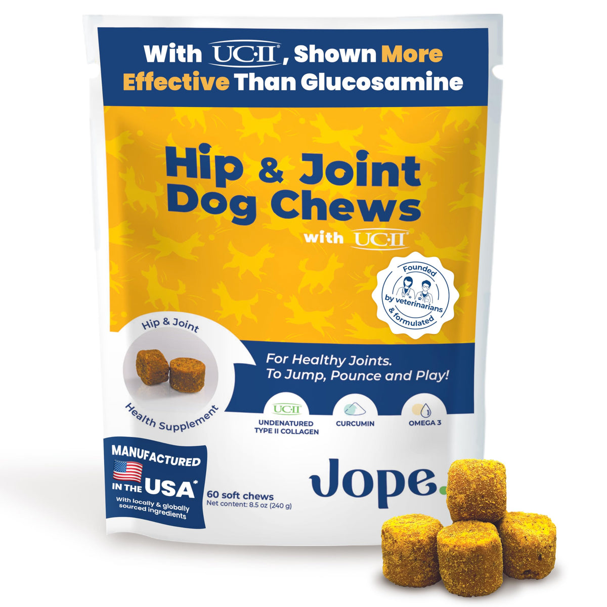 Jope Hip & Joint Supplement for Dogs Large, Medium, Small - Joint Chews w/UC-II® Collagen - Proven Better Than Glucosamine Chondroitin in Canine Health - Veterinarian Formulated, Omega 3 & Curcumin