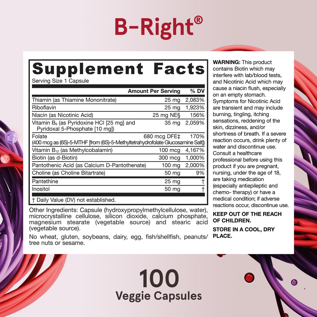 Jarrow Formulas B-Right,Optimized B Complex Featuring Vit B1,B2,B5,B6,B12 and B9 to Support Cellular Energy,Immune Health and Stress Management,100 Veggie Caps,Up to a 100 Day Supply, Pack of 12