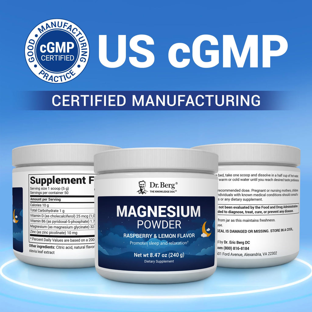 Dr. Berg Magnesium Glycinate Powder for Sleep, Relaxation, & Stress Relief - Now Includes Vitamin D3 & Zinc - Delicious Raspberry & Lemon Flavor (50 Servings) Magnesium Powder - Magnesium Drink Powder