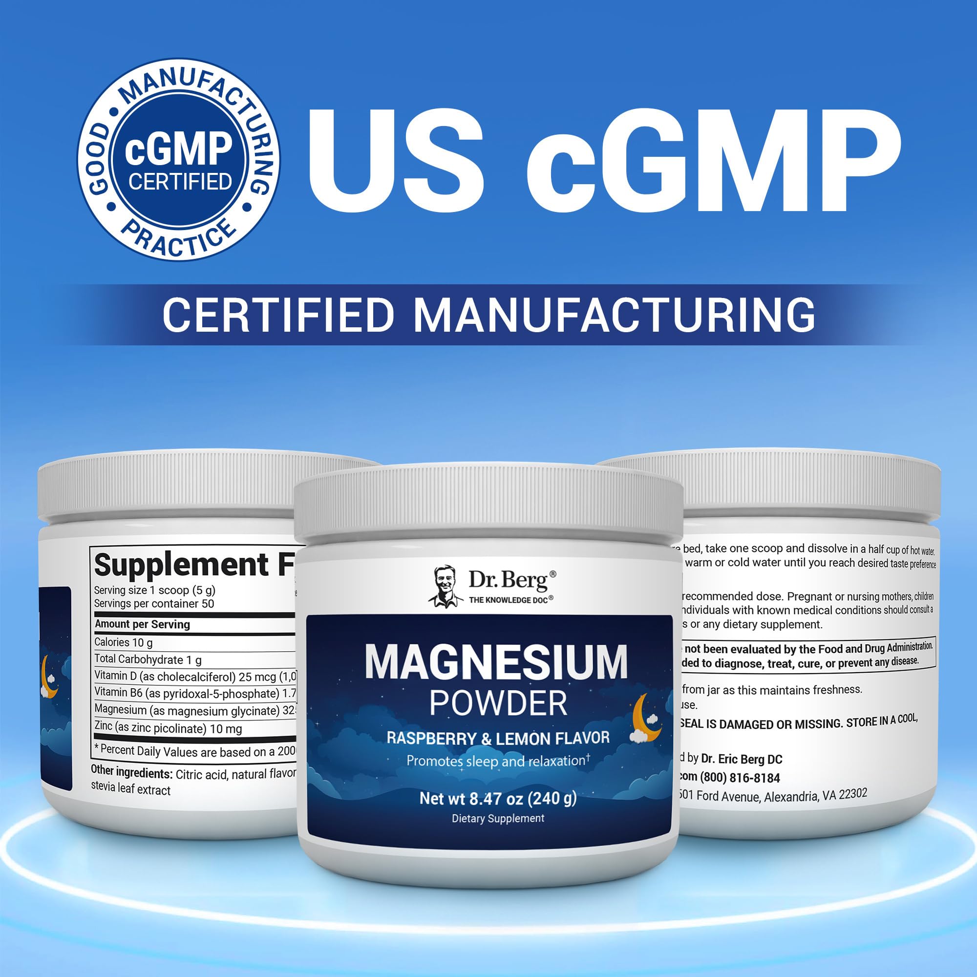 Dr. Berg Magnesium Glycinate Powder for Sleep, Relaxation, & Stress Relief - Now Includes Vitamin D3 & Zinc - Delicious Raspberry & Lemon Flavor (50 Servings) Magnesium Powder - Magnesium Drink Powder
