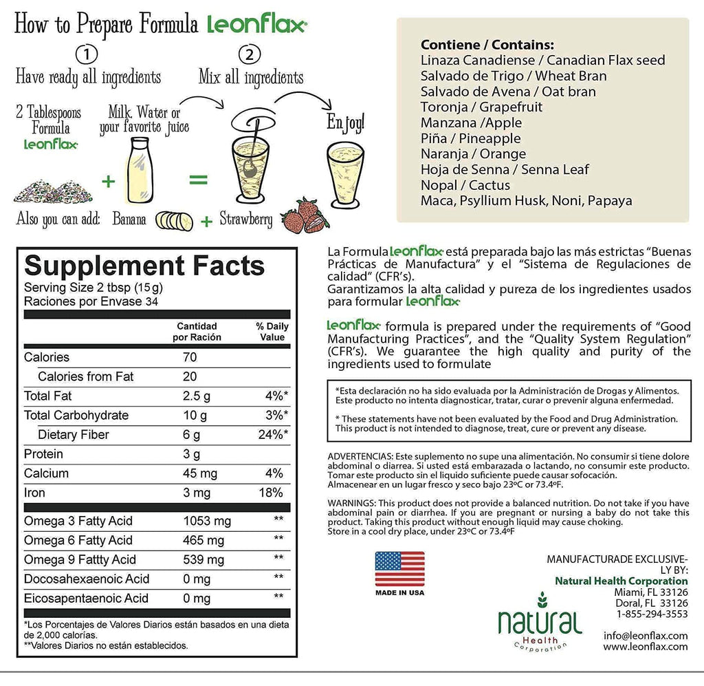 Leonflax, 100% Authentic Canadian Flax Seed, All-natural, High Fiber Content, Dietary Supplement to Improve your Digestive Health, 18 Oz, Bag