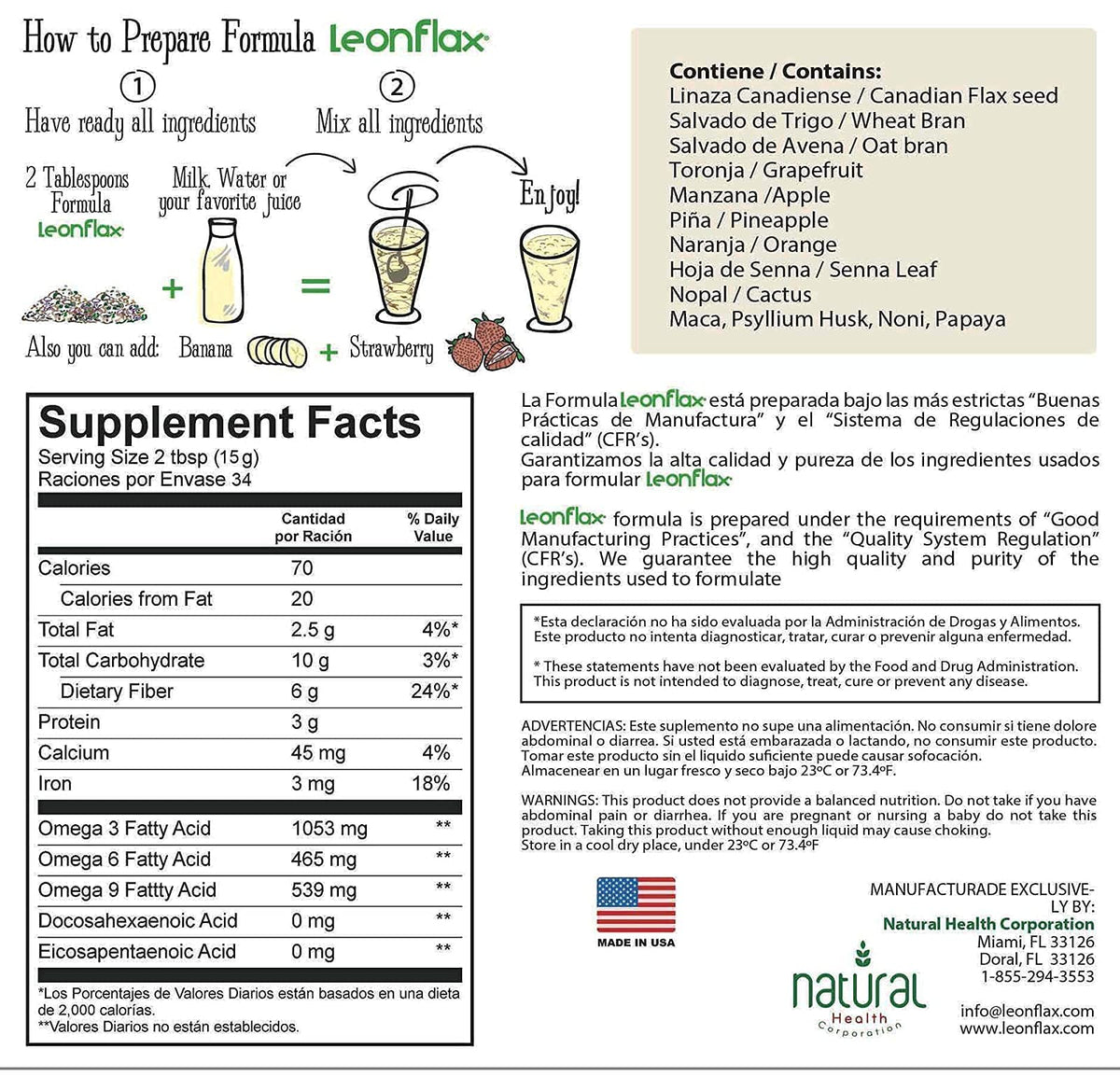 Leonflax, 100% Authentic Canadian Flax Seed, All-natural, High Fiber Content, Dietary Supplement to Improve your Digestive Health, 18 Oz, Bag