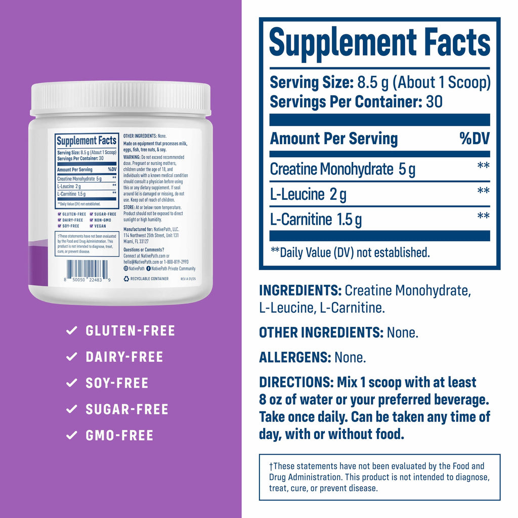 NativePath Creatine Monohydrate, Unflavored, 30 Servings | 5g Per Serving, 2g L-Leucine & 1.5g L-Carnitine, Supports Strength, Power, Muscle & Recovery, Men & Women