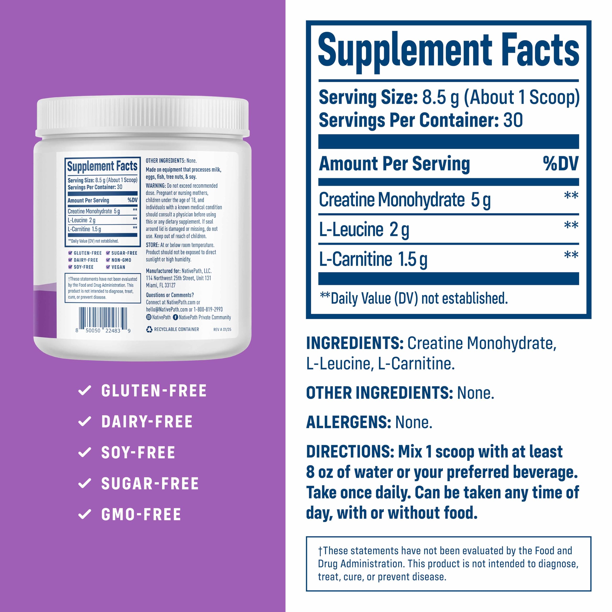 NativePath Creatine Monohydrate, Unflavored, 30 Servings | 5g Per Serving, 2g L-Leucine & 1.5g L-Carnitine, Supports Strength, Power, Muscle & Recovery, Men & Women