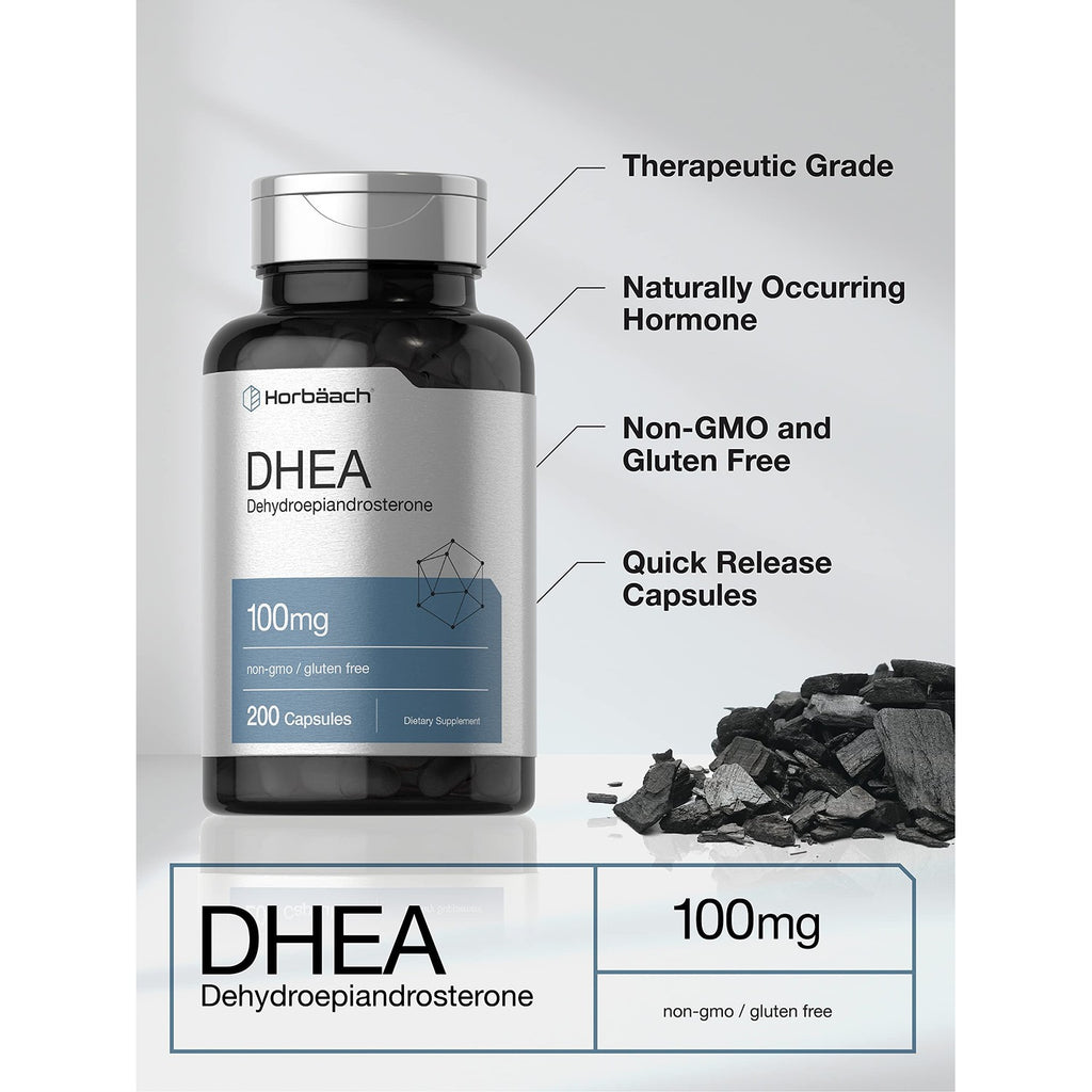 Horbäach DHEA 100mg | 200 Capsules | Supplement for Men and Women | Non-GMO, Gluten Free