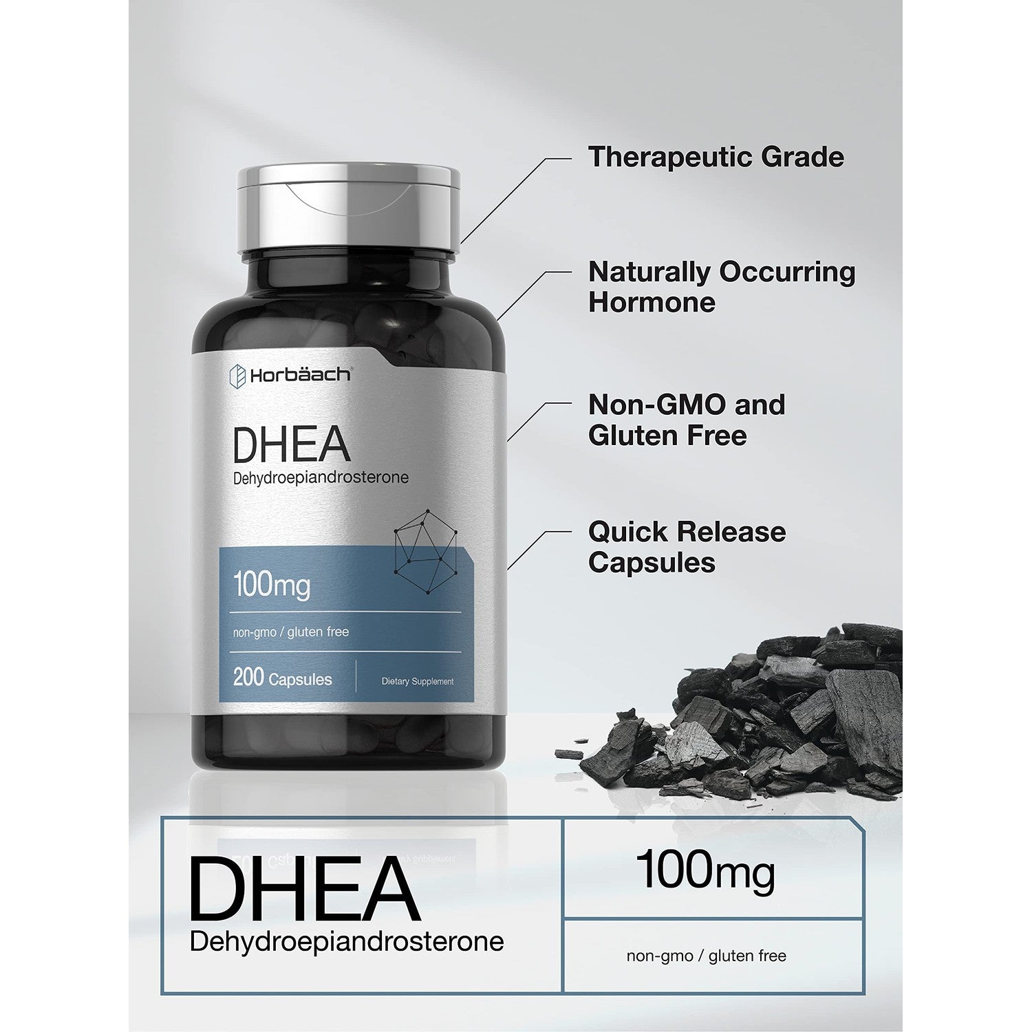 Horbäach DHEA 100mg | 200 Capsules | Supplement for Men and Women | Non-GMO, Gluten Free