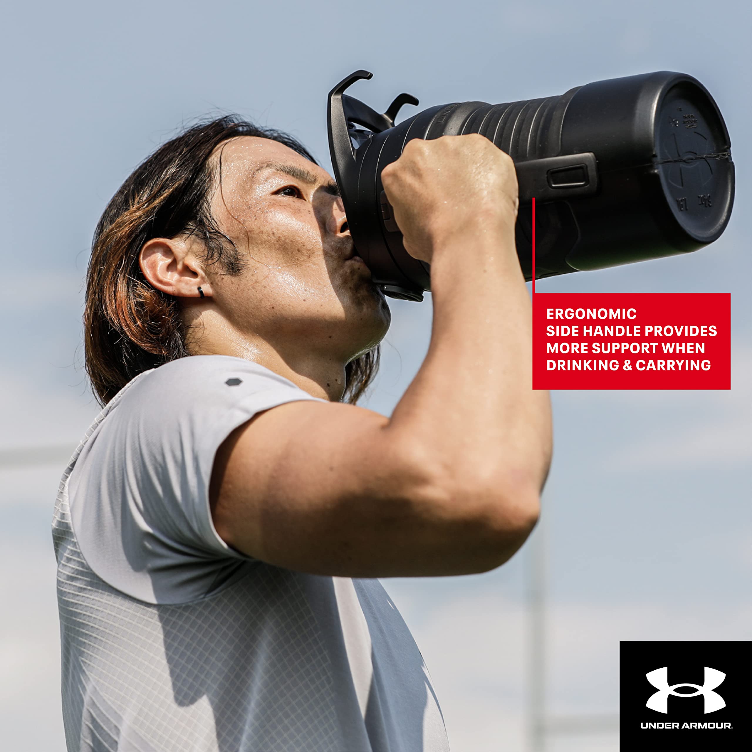 Buy now Under Armour Half Gallon Water Bottle Insulated, 64oz Insulated Water Bottle with Handle, Fence Hook, Leak Resistant, for Baseball, Football & More, Academy/Black at indiglob india