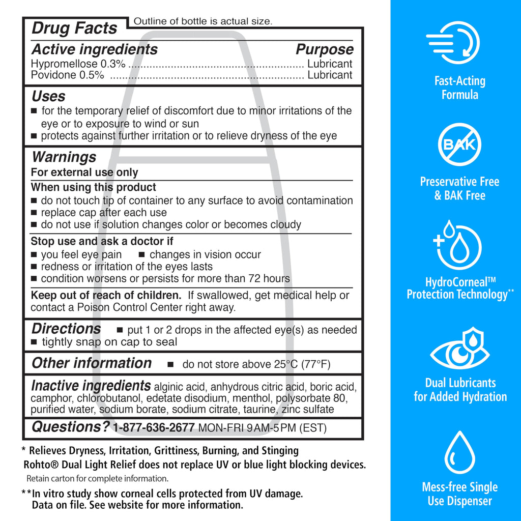 Rohto Dual Light Relief Cooling Lubricant Eye Drops, Protect Against Sun Irritation & Digital Eye Strain, Fast-Acting Relief of Dry Eyes, Grittiness, Burning & Stinging, 0.6 fl oz