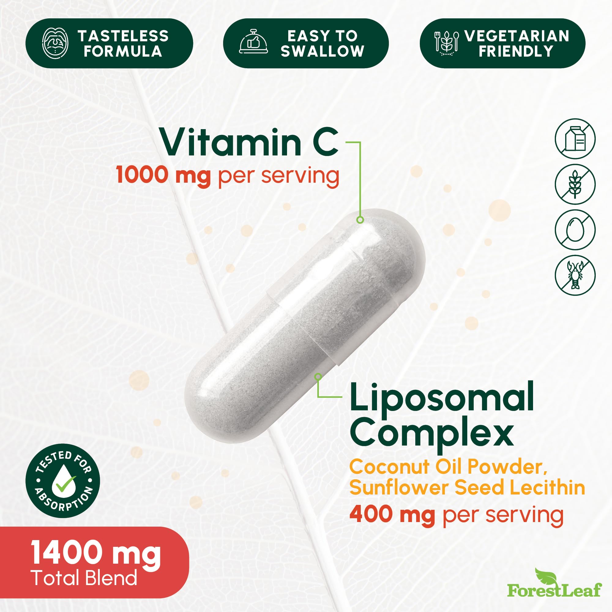 ForestLeaf Liposomal Vitamin C 1400mg Capsules | High Dose Vitamin C Liposomal Supplement w Coconut Oil Fatty Acids | Fast Absorption | Immune Support, Antioxidant, Collagen Production | 120 Vegan Cap