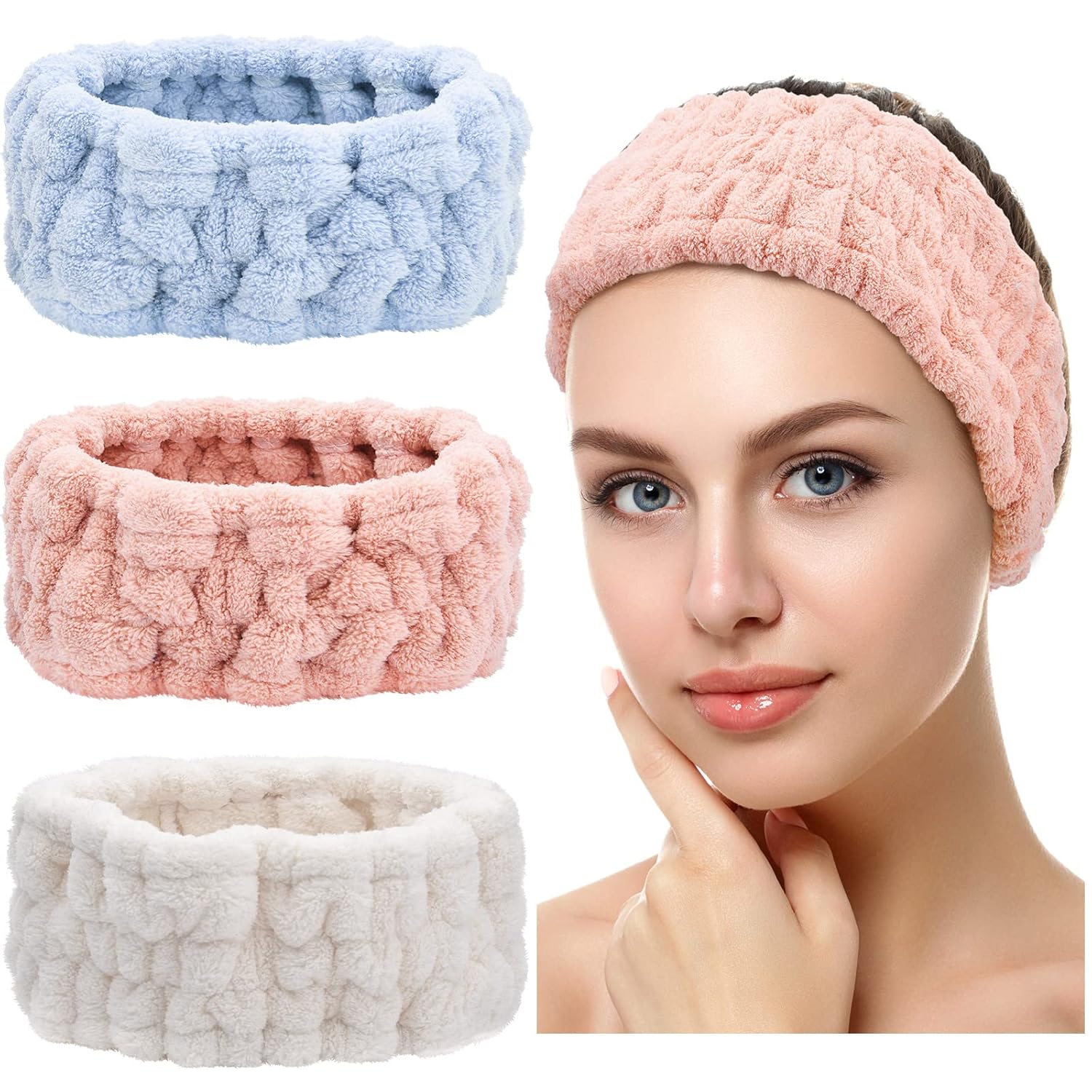 Buy now Chuangdi 3 Pieces Spa Headband for Women Facial Makeup Headband Soft Terry Cloth Hairband for Washing Face Mask Spa Shower Gifts(Dark Pink, Dark Blue, Milky-White) Blue, Pink, White at indiglob india