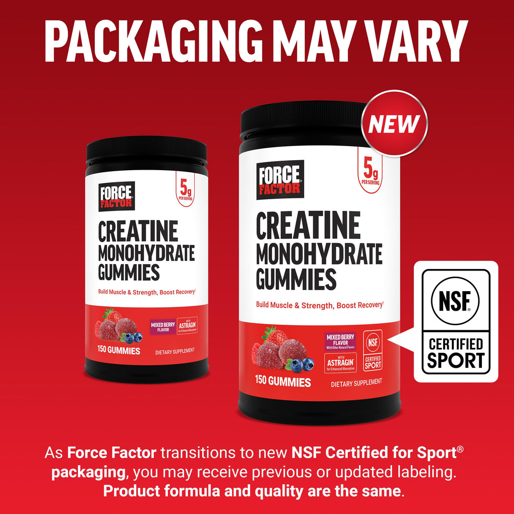 Force Factor Creatine Monohydrate Gummies, NSF Certified | 5g Dose for Men & Women to Support Muscle, Strength, Recovery, Cognitive Health & Memory, Mixed Berry, 150 Gummies