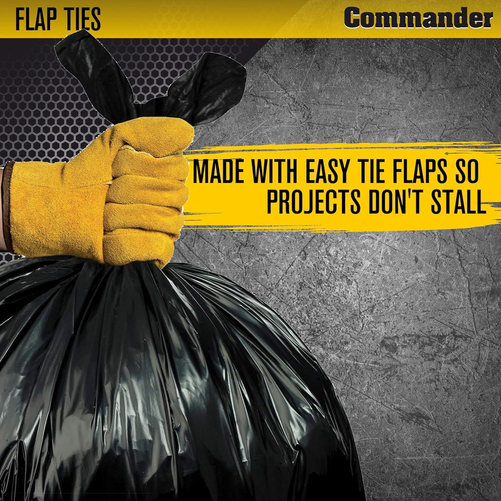Commander 55 Gallon 2 MIL (eq) Heavy Duty Contractor Bags with Flap Ties - 36" x 56" with flaps - Pack of 20 - For Contractor, Industrial, & Outdoor