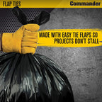 Commander 55 Gallon 2 MIL (eq) Heavy Duty Contractor Bags with Flap Ties - 36" x 56" with flaps - Pack of 20 - For Contractor, Industrial, & Outdoor