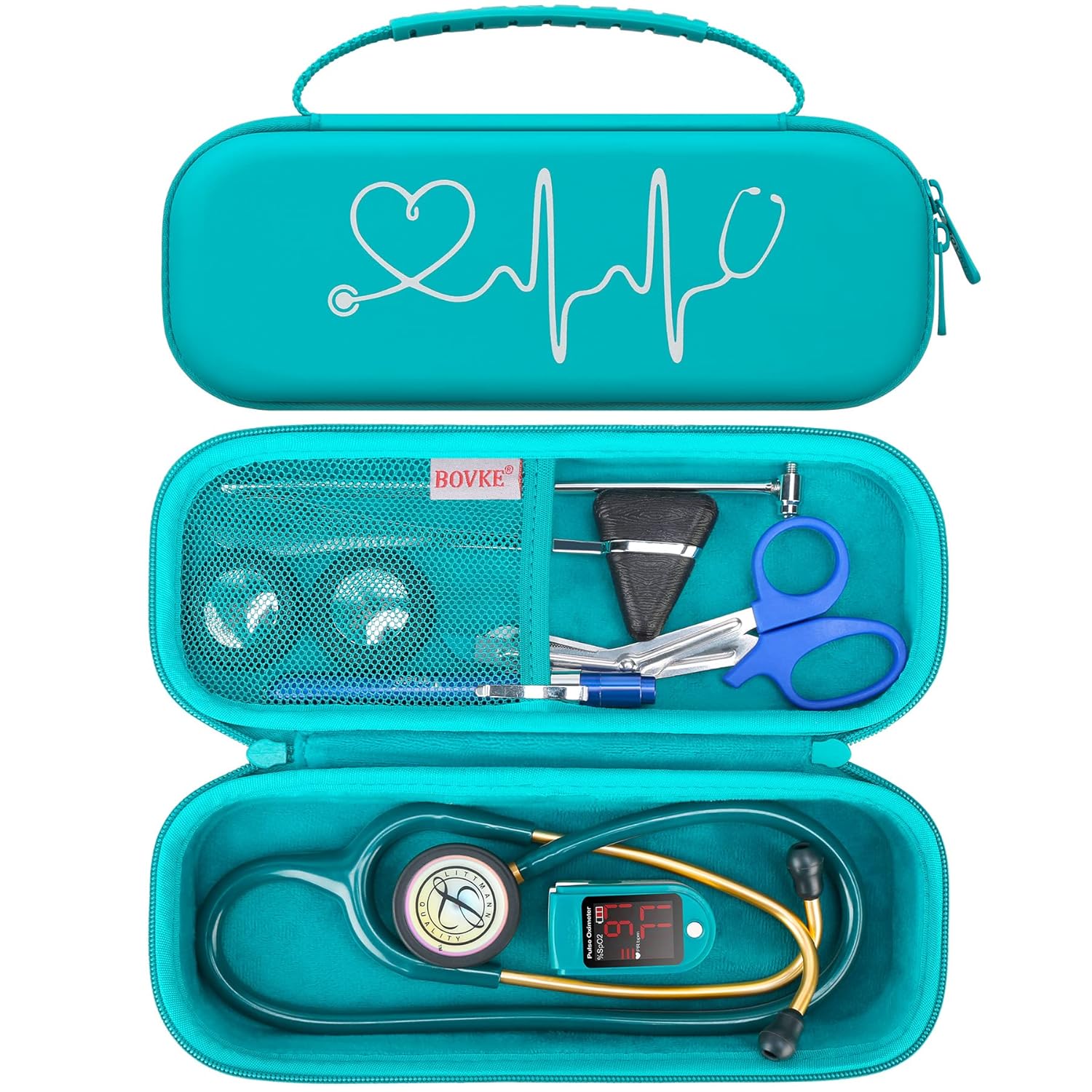 Buy now BOVKE Stethoscope Case for 3M Littmann Classic III, Lightweight II S.E, MDF Acoustica Deluxe Stethoscopes - Extra Room for Medical Bandage Scissors EMT Trauma Shear and LED Penlights, Black Turquoise at indiglob india