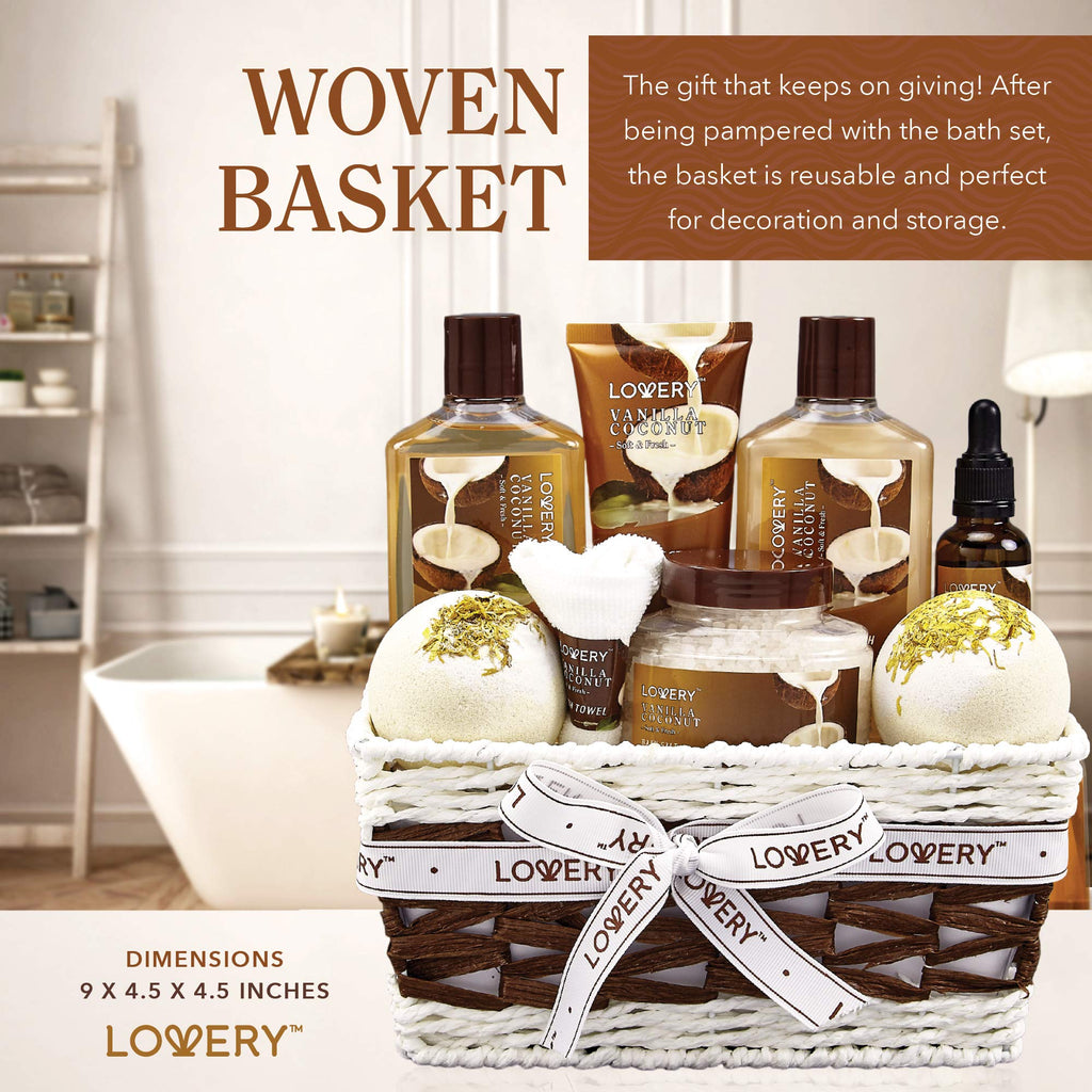 Buy now Gifts For Women Gift Basket for Womenâ€“ 9 Piece Set of Vanilla Coconut Home Spa Set, Luxurious Valentines Day Gifts for Her, Bath and Body Sets Includes Fragrant Lotions, Large Bath Bombs, Coconut Oil at indiglob india