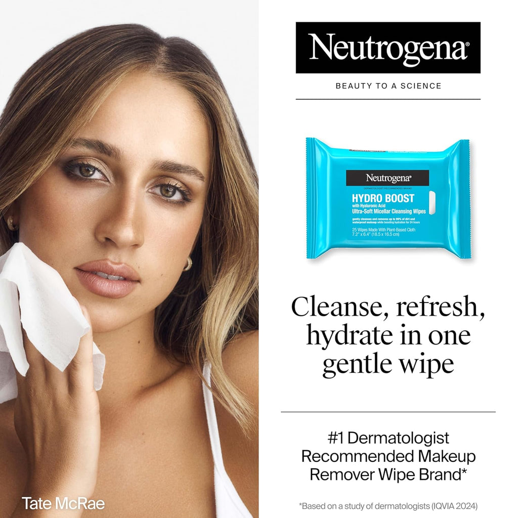 Buy now Neutrogena Hydro Boost Ultra-Soft Micellar Cleansing Wipes with Hyaluronic Acid, Hydrating Makeup Remover Wipes Remove Dirt & Waterproof Makeup, Hypoallergenic, Plant-Based Cloth, 2 x 25 ct at indiglob india
