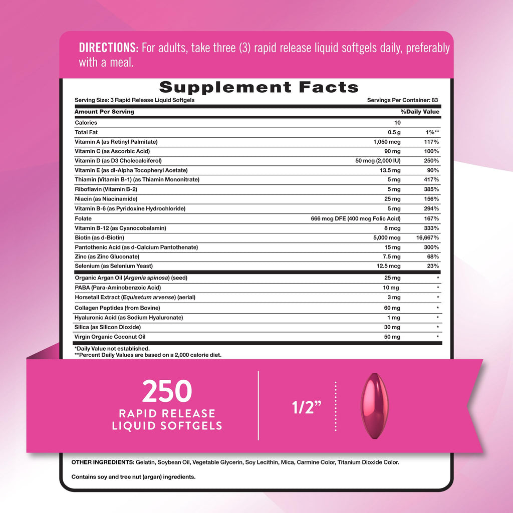 Nature's Truth Hair, Skin & Nails Vitamins | 5000mcg | 250 Softgels