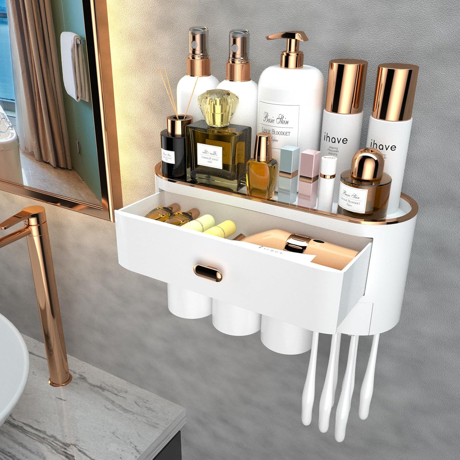 Buy now iHave Toothbrush Holders for Bathrooms, 4 Cups Toothbrush Holder Wall Mounted with Toothpaste Dispenser - Large Capacity Tray, 2 Cosmetic Drawer - Bathroom Organizer & Bathroom Accessories Set 3 cup New!-whtie Gold at indiglob india