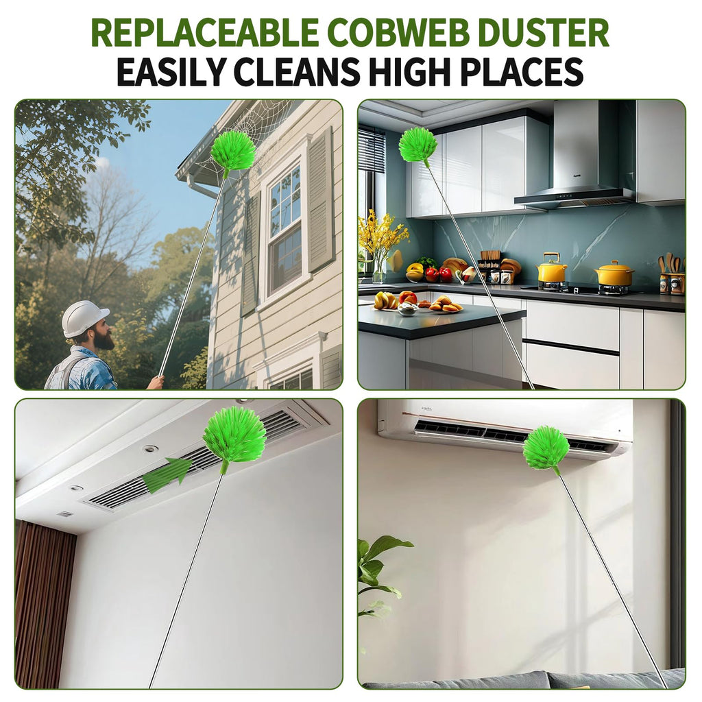 Cobweb Duster with Extension Pole, Washable Cleaning Duster Set with 2 Duster Heads, 15-110-Inch Telescoping Pole for high Ceiling Fans, Long Duster for high Ceilings，Spider Web Brush，Corner Brush