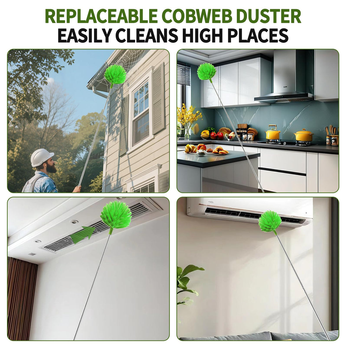 Cobweb Duster with Extension Pole, Washable Cleaning Duster Set with 2 Duster Heads, 15-110-Inch Telescoping Pole for high Ceiling Fans, Long Duster for high Ceilings，Spider Web Brush，Corner Brush