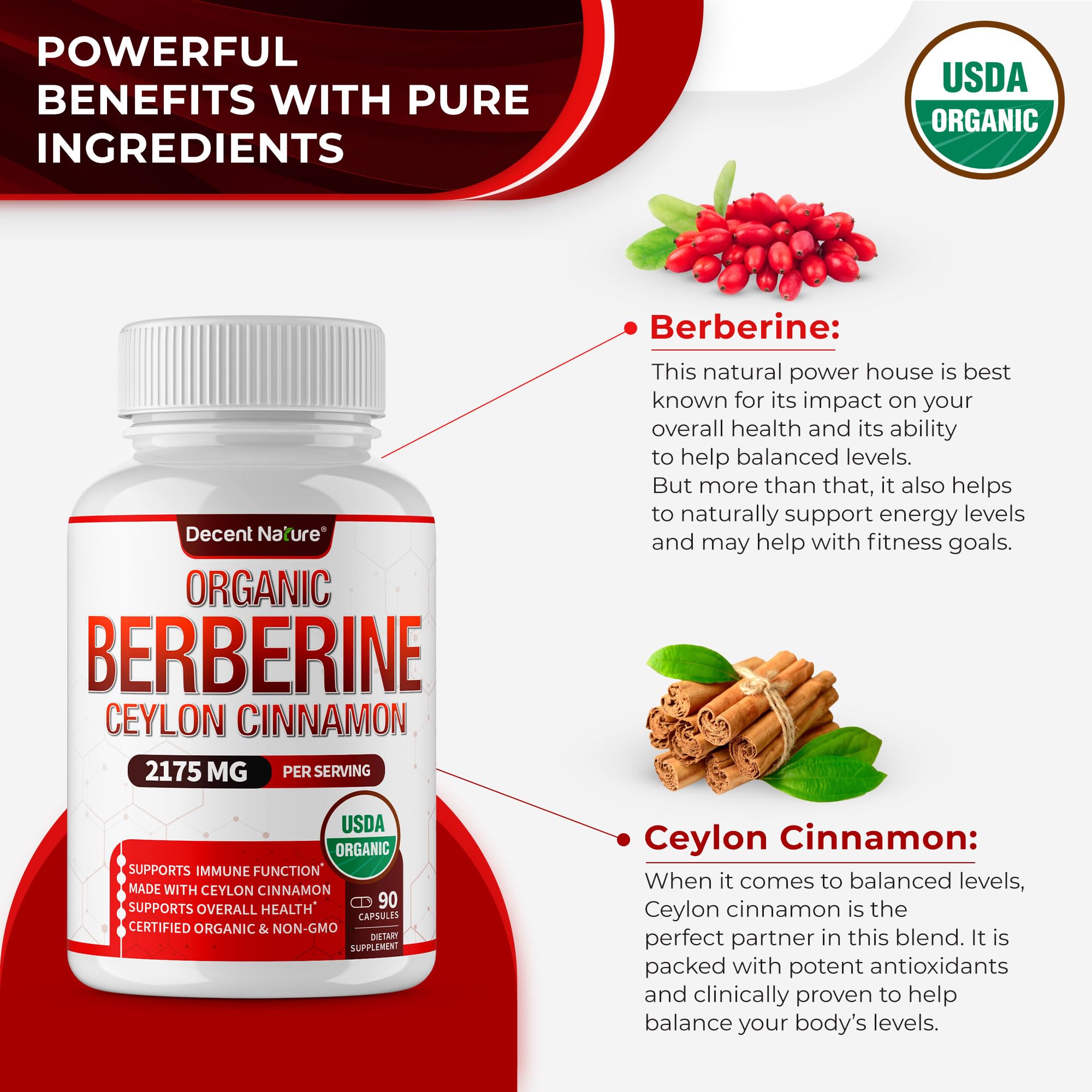 Organic Berberine with Ceylon Cinnamon 2175mg - Premium berberine supplement high purity extract USDA Organic, support immune system, Berberine Plus Complex, Non-GMO Vegan for Men Women 90 Capsules