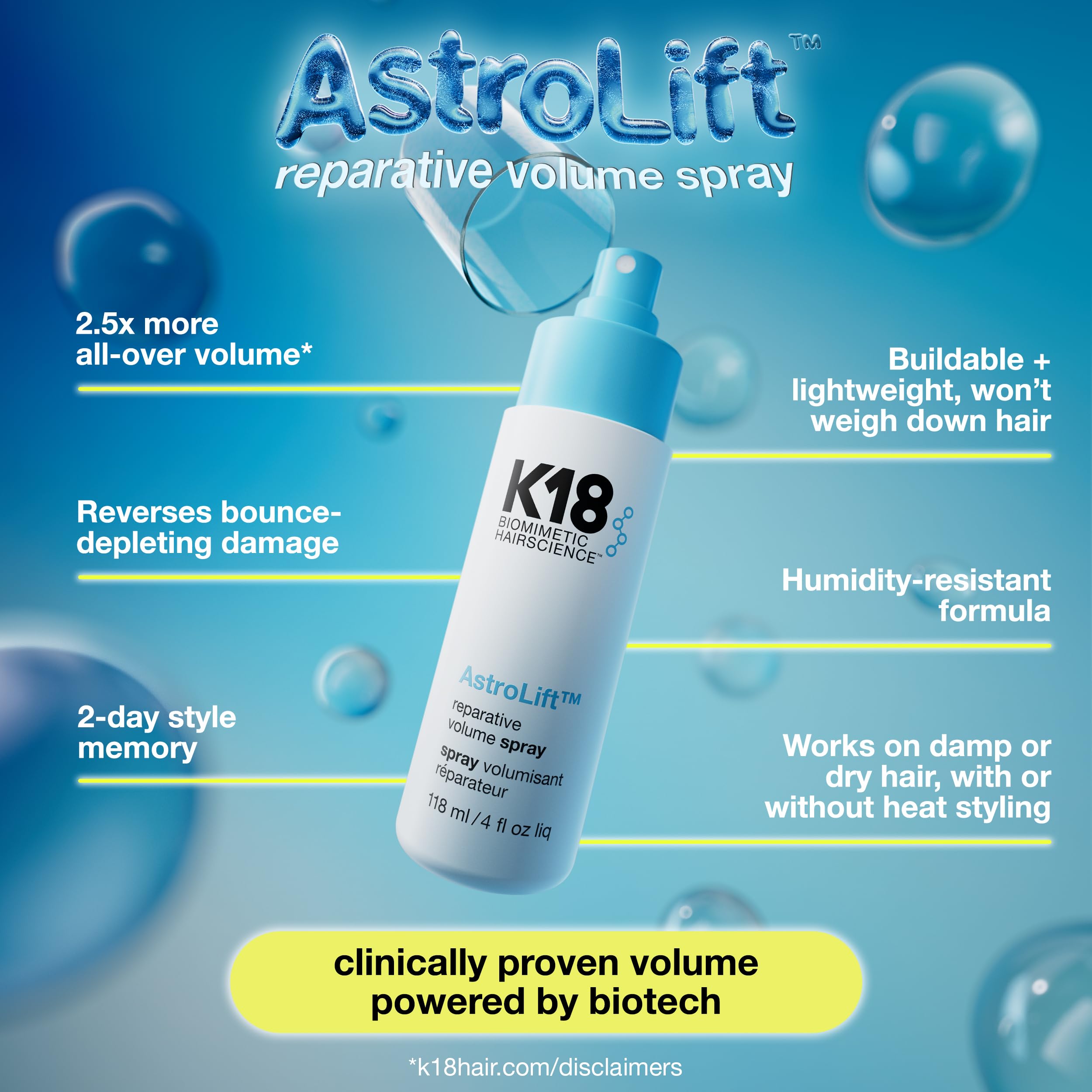K18 AstroLift™ Reparative Volume Spray, 2-Day Hair Thickening + Hold For Thin, Fine, Fragile Hair, Non-Sticky, Non-Crunchy, Humidity-Resistant Volumizing Spray