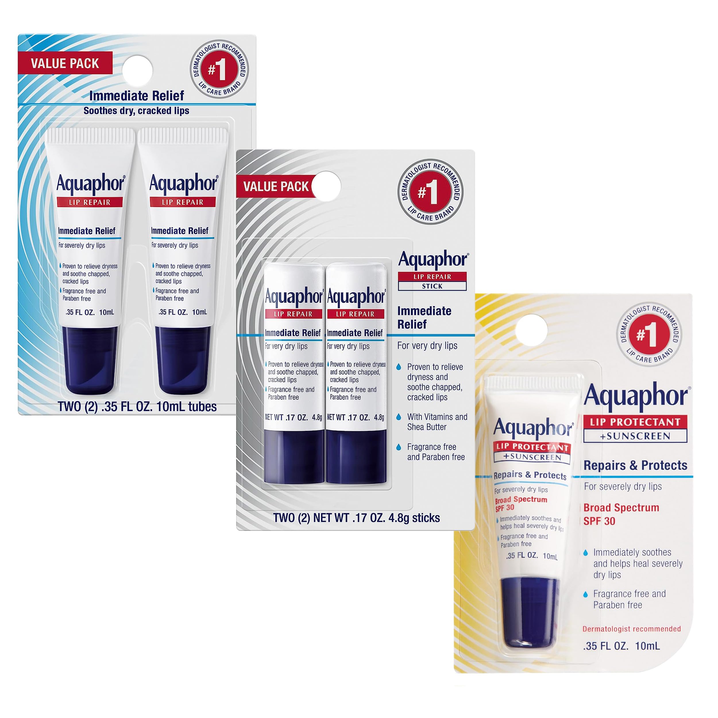 Aquaphor Lip Repair Ointment, Value Pack, 2 x 0.35 FL OZ | Lip Balm Moisturizer with Vitamins and Shea Butter, Immediate Severely Dry Lip Relief, Paraben and Fragrance Free