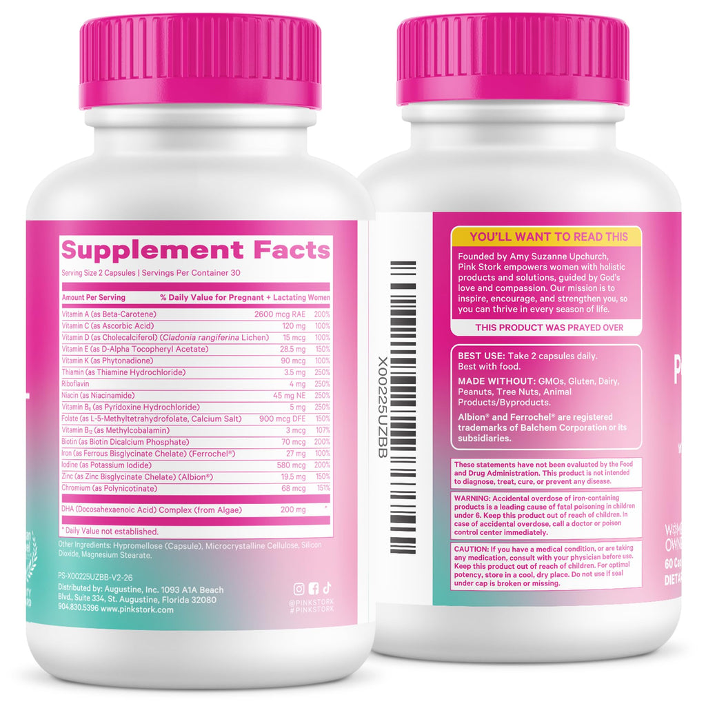 Pink Stork Total Postnatal Vitamins for Women, 60 Capsules, Berry | Clean Label Award, Vegan Algae DHA, No Fishy Burps, Methylated Folate, Iron, Gentle on Stomach, Postpartum + Lactation