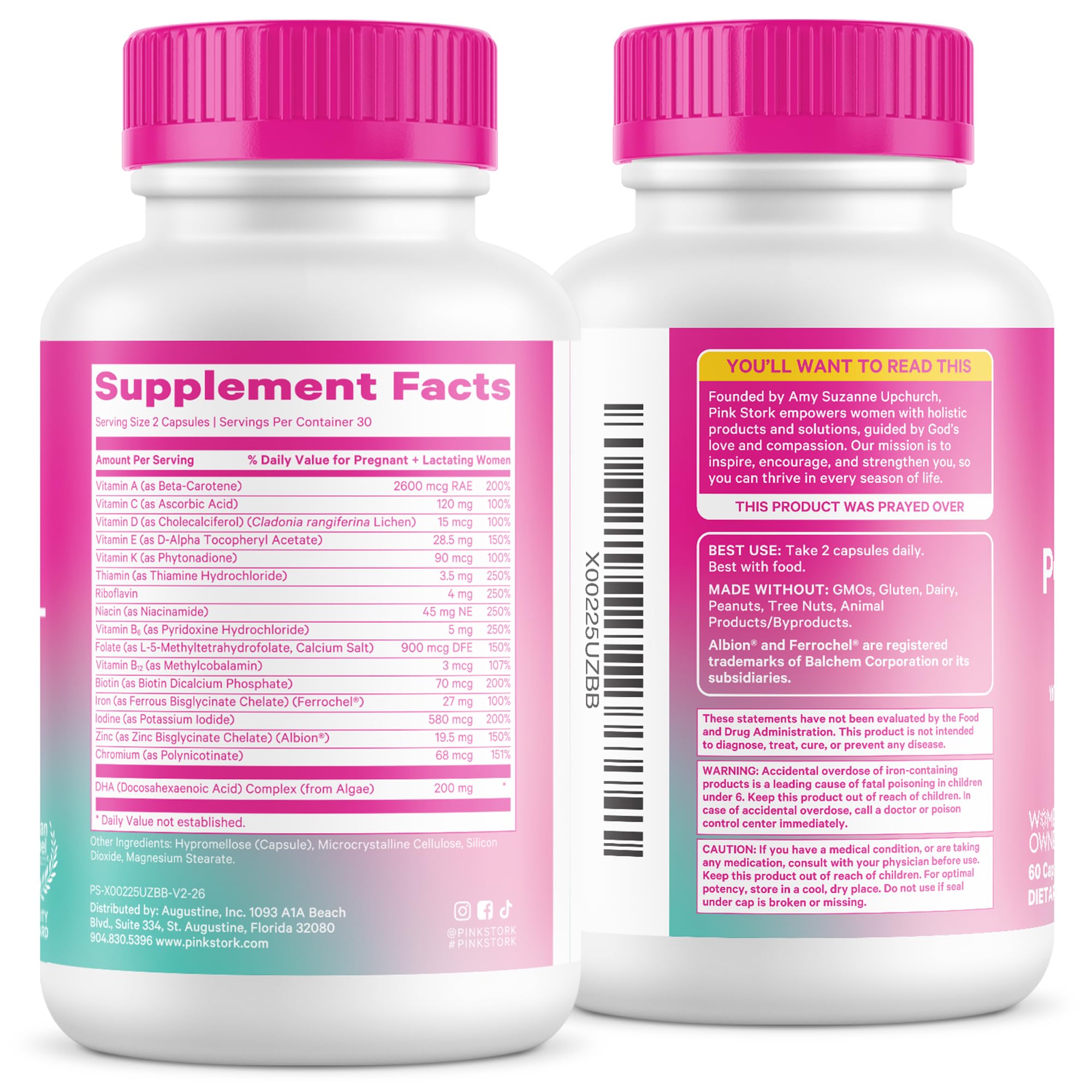 Pink Stork Total Postnatal Vitamins for Women, 60 Capsules, Berry | Clean Label Award, Vegan Algae DHA, No Fishy Burps, Methylated Folate, Iron, Gentle on Stomach, Postpartum + Lactation