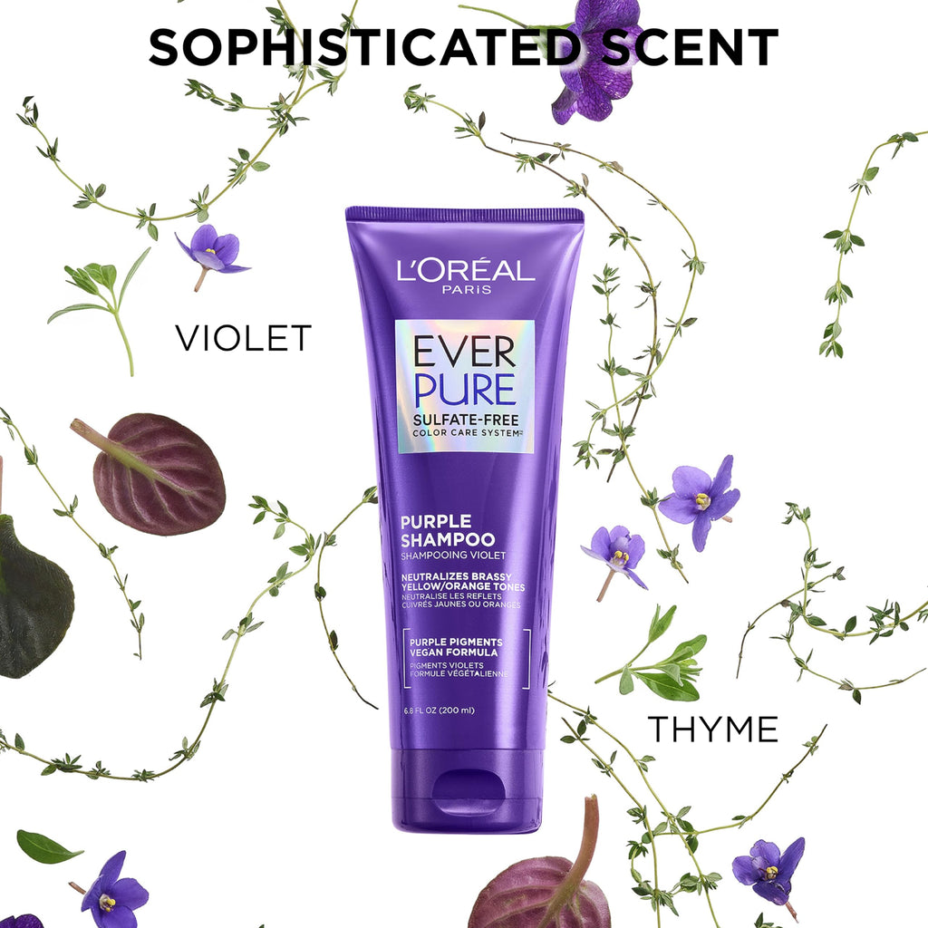 L’Oreal Paris Sulfate Free Brass Toning Purple Shampoo for Blonde, Bleached, Silver, or Brown Highlighted Hair, EverPure, 6.8 Fl Oz (Packaging May Vary)