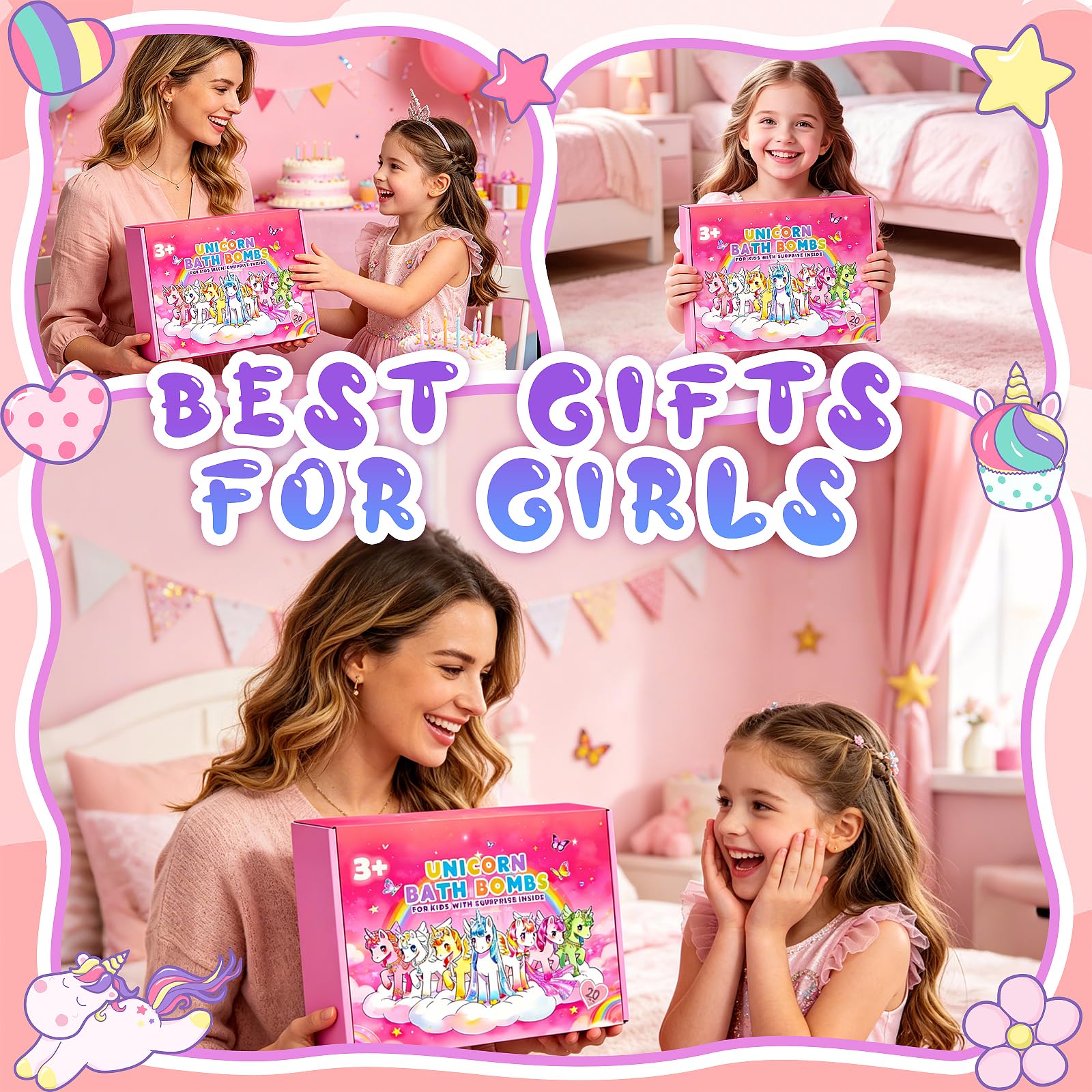 20 Pack Unicorn Bath Bombs for Kids Girls with Toys inside Kids Bath Bombs with Surprise Birthday Gifts for Girls Age 3 4 5 6 7 8 9 10 Years Old Bubble Bath Organic Natural Christmas Stocking Stuffers