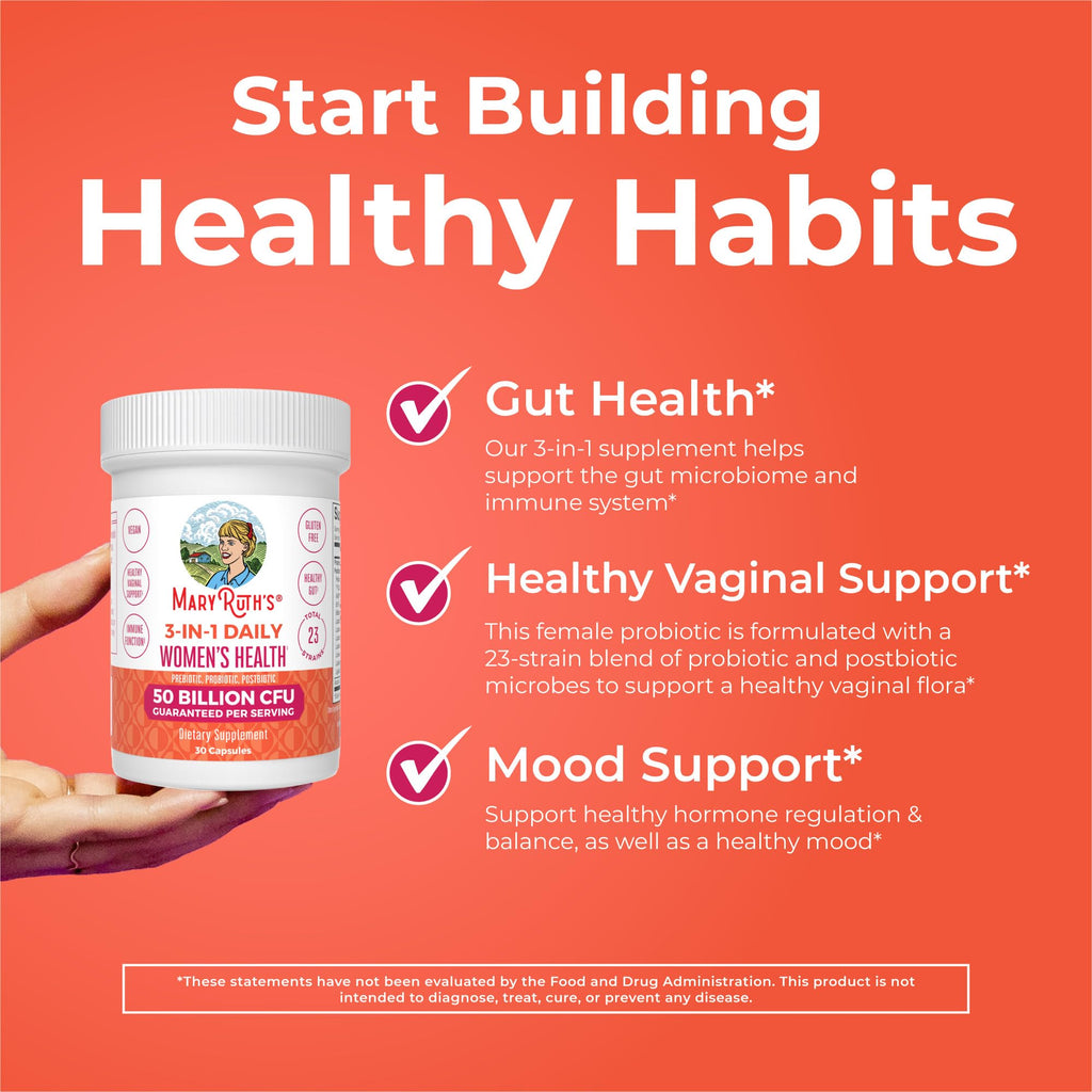 MARYRUTH'S 3-in-1 Daily Health Probiotics + Postbiotics for Women | Hormone Support & Gut Health Supplement for Women | Women’s Probiotic Supports Vaginal Health | 50 Billion CFU | Vegan | 30 ct
