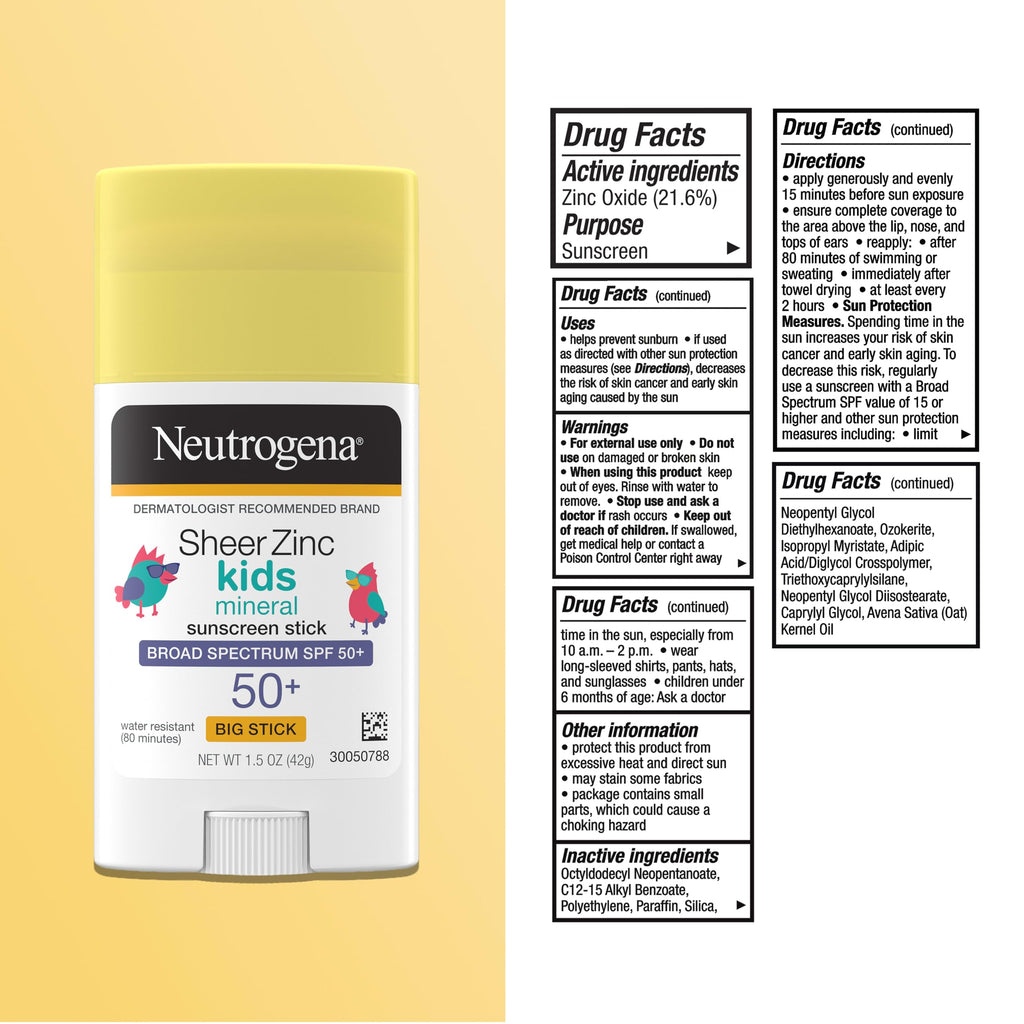 Neutrogena Sheer Zinc Oxide Kids Mineral Sunscreen Stick SPF 50+, 1.5 oz | Broad Spectrum Protection, Water-Resistant Sunscreen Stick, Gentle on Sensitive Skin, Dermatologist Recommended