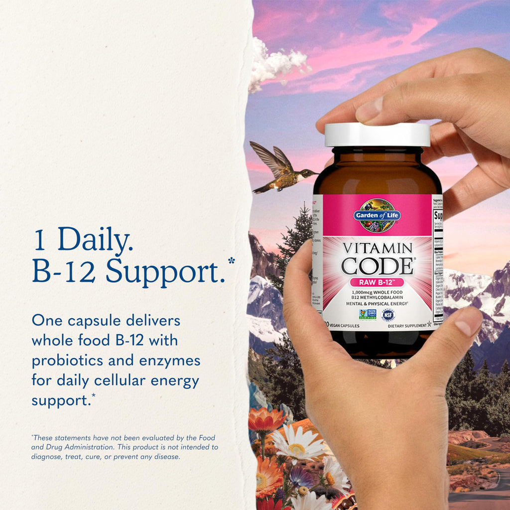 Garden of Life Vitamin Code Raw B-12 - 30 Capsules, 1,000mcg Whole Food B12 Methylcobalamin for Energy, Vegan Methylcobalamin Vitamin plus Probiotics and Enzymes, Gluten Free Supplements
