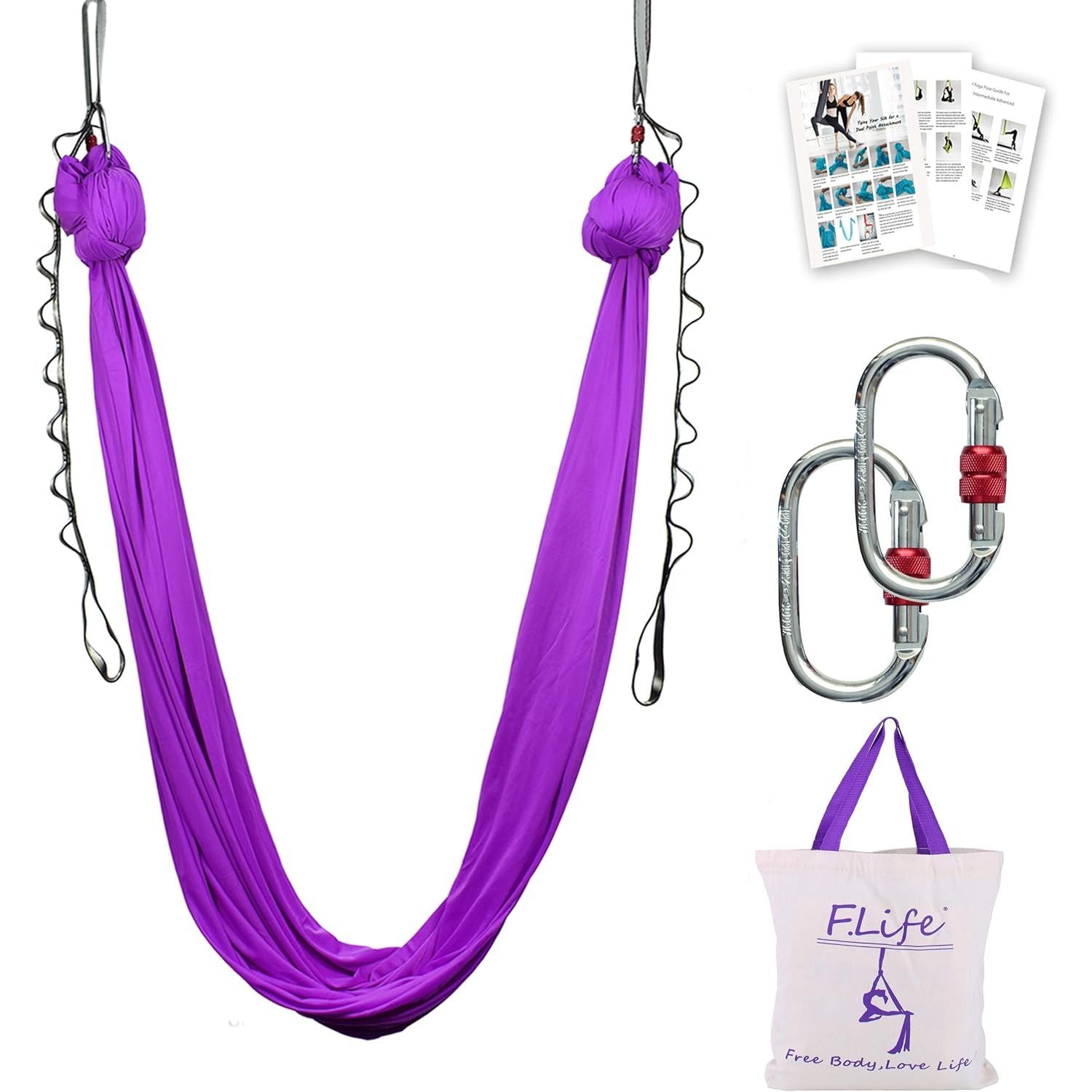 Buy now F.Life Aerial Silk Yoga Hammock & Swing for yoga Inversion,Strength training,starter hardware kit purple 2 at indiglob india