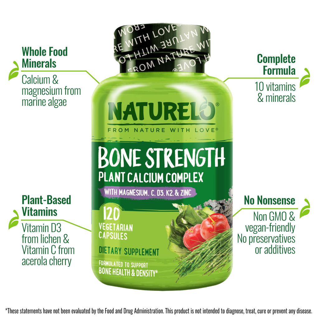 NATURELO 600mg Calcium Supplement for Bone Strength, VIT D3, 120 Capsules | Magnesium, Zinc, Vit K2, for Women & Older Adults, Plant-Based, Well Tolerated, NSF Contents Certified, MFD in GMP Facility