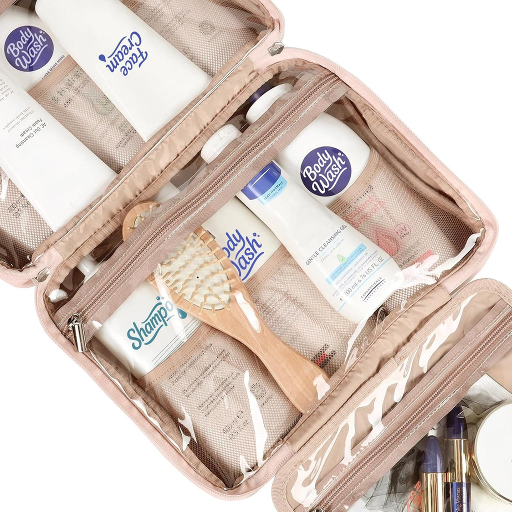 Buy now NISHEL Hanging Travel Toiletry Bag, Visible Makeup Organizer, Cosmetic Case for Journey Accessories, Bathroom Shower, Pink at indiglob india