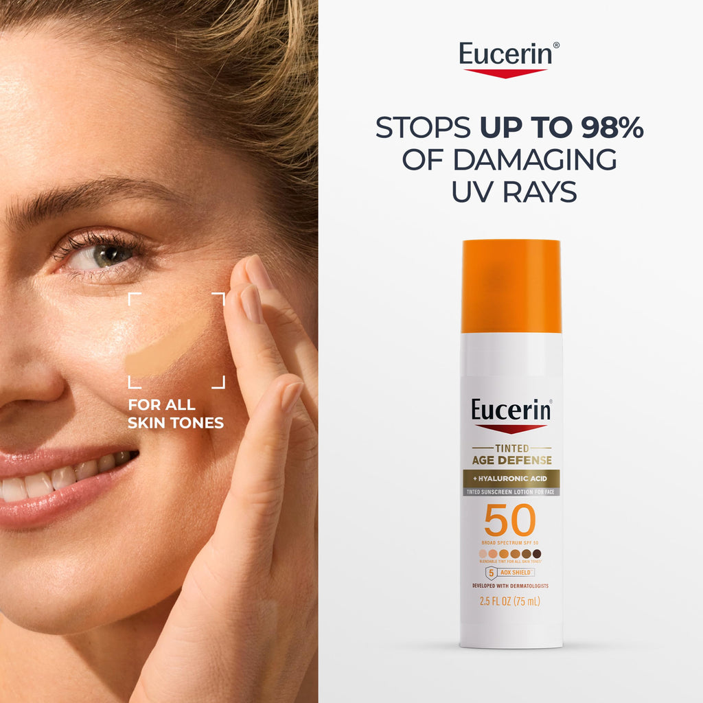 Eucerin Sun Age Defense Tinted Face Lotion SPF 50, 2.5 FL OZ | Universal Tinted Sunscreen for Face with Hyaluronic Acid, Non Comedogenic Facial Lotion, Fragrance Free