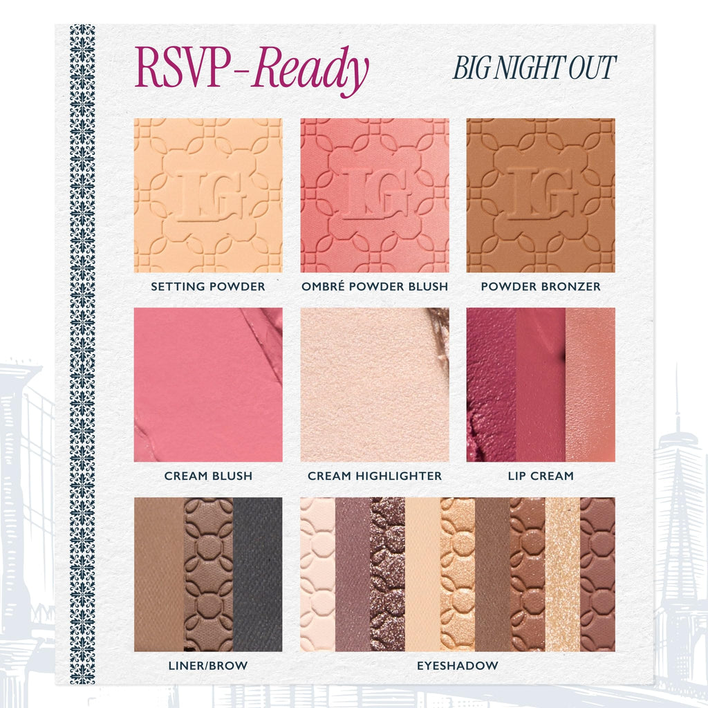 LAURA GELLER NEW YORK RSVP-Ready Big Night Out Full Face Travel Makeup Palette - All-in-One Set includes Eyeshadows, Eye Liners, Blush, Bronzer, Highlighter, Setting Powder, and Lip Creams