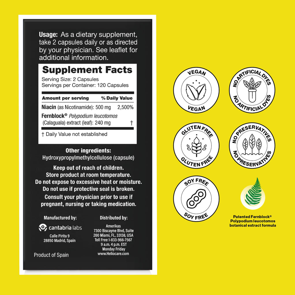 Heliocare Advanced with Nicotinamide Antioxidant Supplement, 120 Capsules | Patented Skin Health Antioxidant with 240mg Polypodium Leucotomos & 500mg Niacin B3, Clinically Proven Antioxidan Supplement