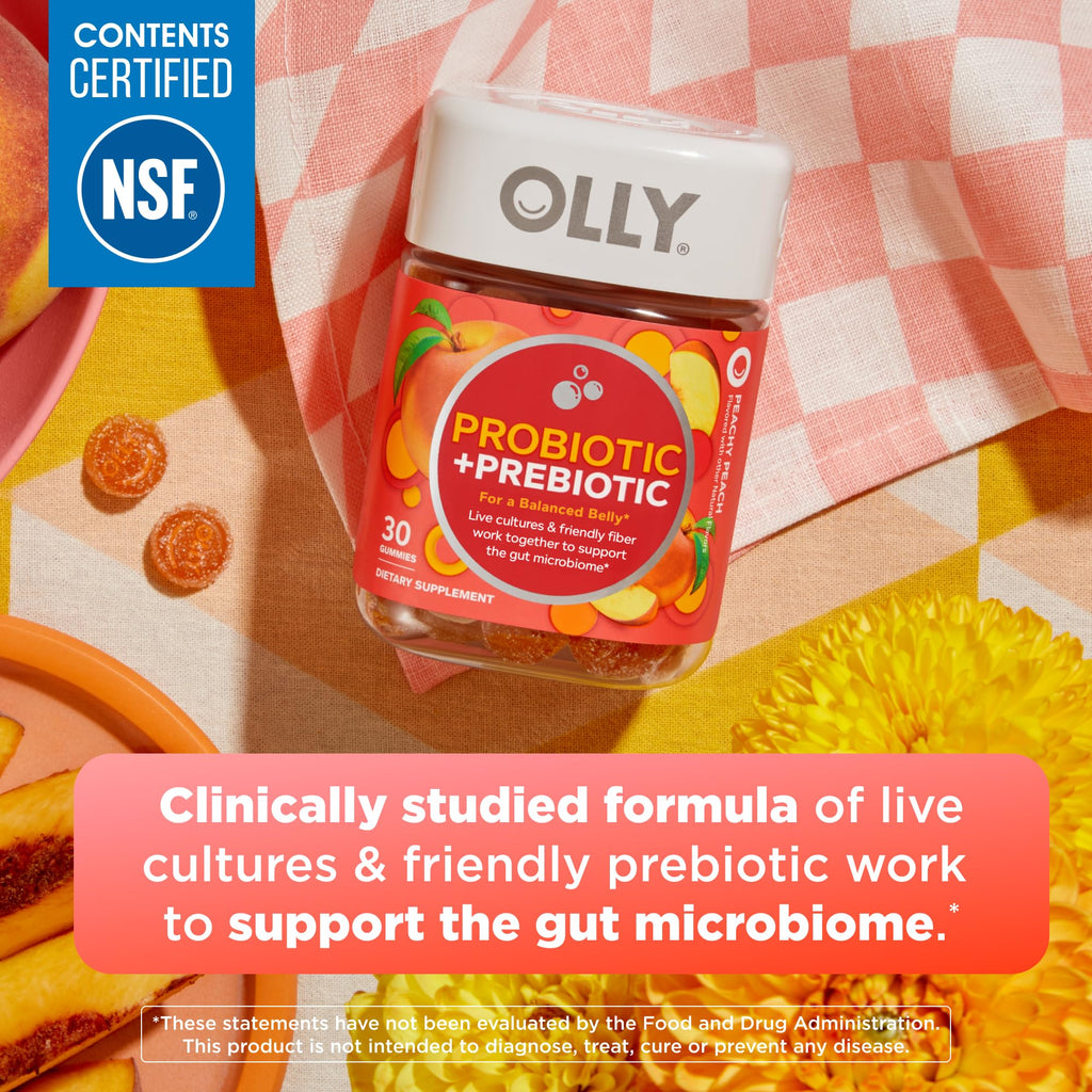 OLLY Probiotic + Prebiotic Gummy, 500 million CFUs, Peachy Peach - 30 Count