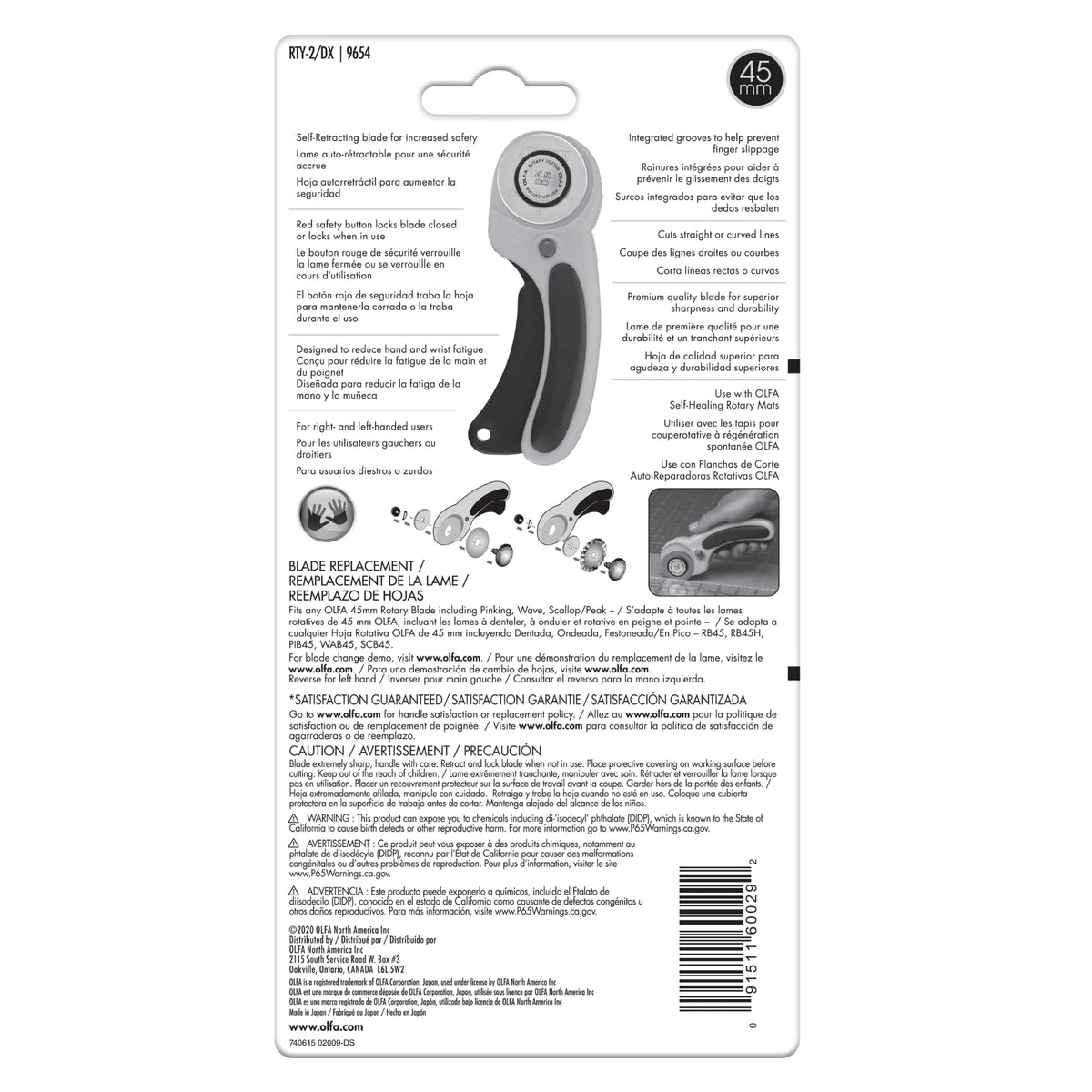 OLFA 45mm Ergonomic Squeeze-Handle Rotary Cutter (RTY-2/DX) - Auto-Retract