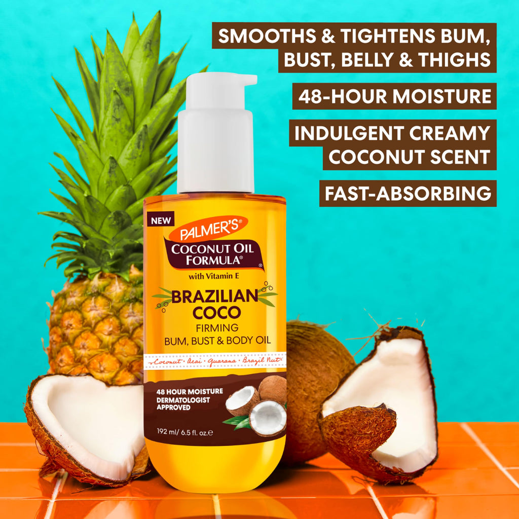 Palmer's Brazilian Cocoa Firming Body Oil, Coconut Oil Formula (6.5 Fl Oz) | Helps with Skin Tightening & Firming of Bum, Bust & Belly with Vitamin E, Provides 48hr Moisture, Dermatologist Approved