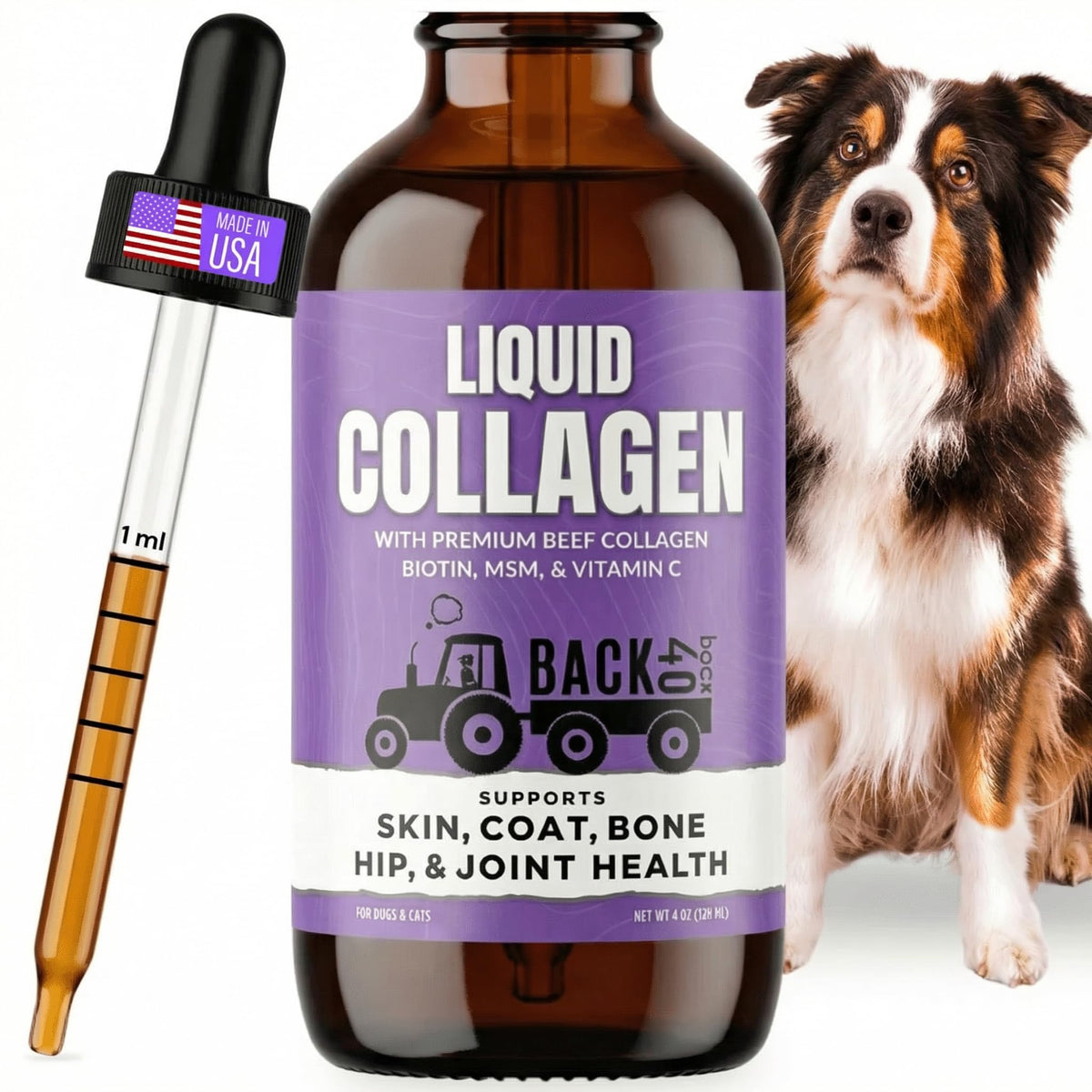 Back 40 Dogs Premium Grass-Fed Liquid Collagen for Dogs Skin and Coat, Hips and Joints | Allergy Relief with Biotin, Vitamin C and MSM for Joint, Nails & Immunity | Made in USA