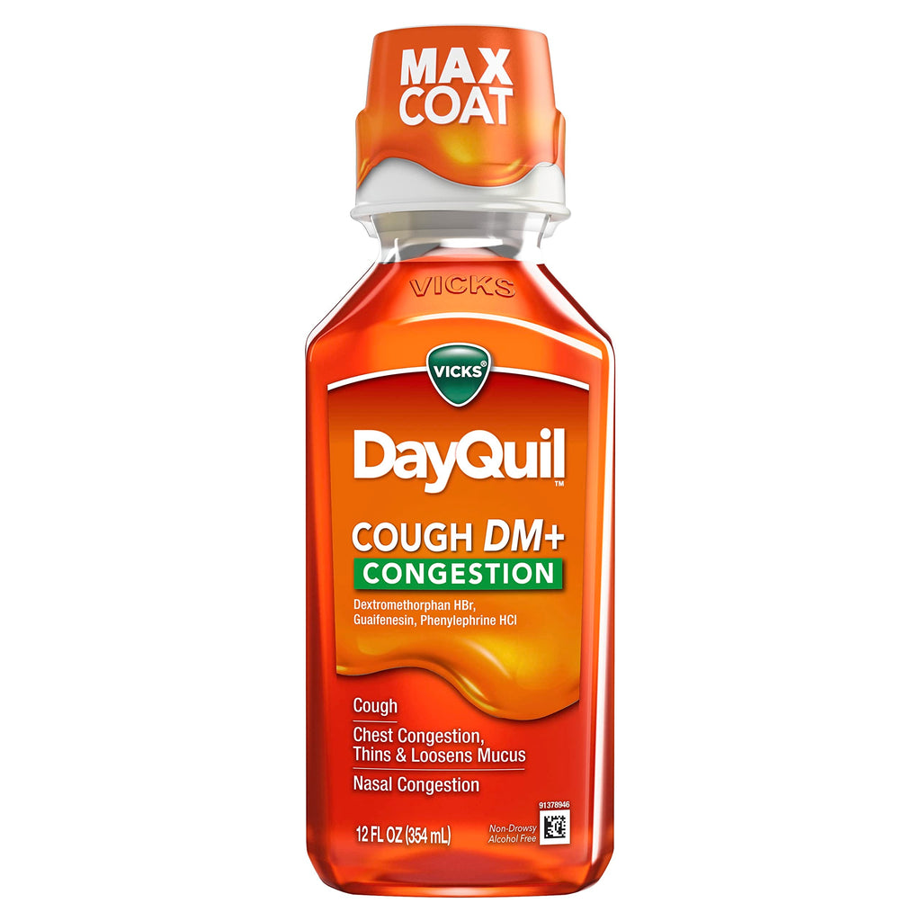 Buy now Vicks DayQuil Cough DM+ Congestion Relief Liquid Medicine, Maximum Strength Multi-Symptom Non-Drowsy Daytime Relief for Cough, Chest Congestion, Mucus, and Nasal Congestion, 12 FL OZ at indiglob india