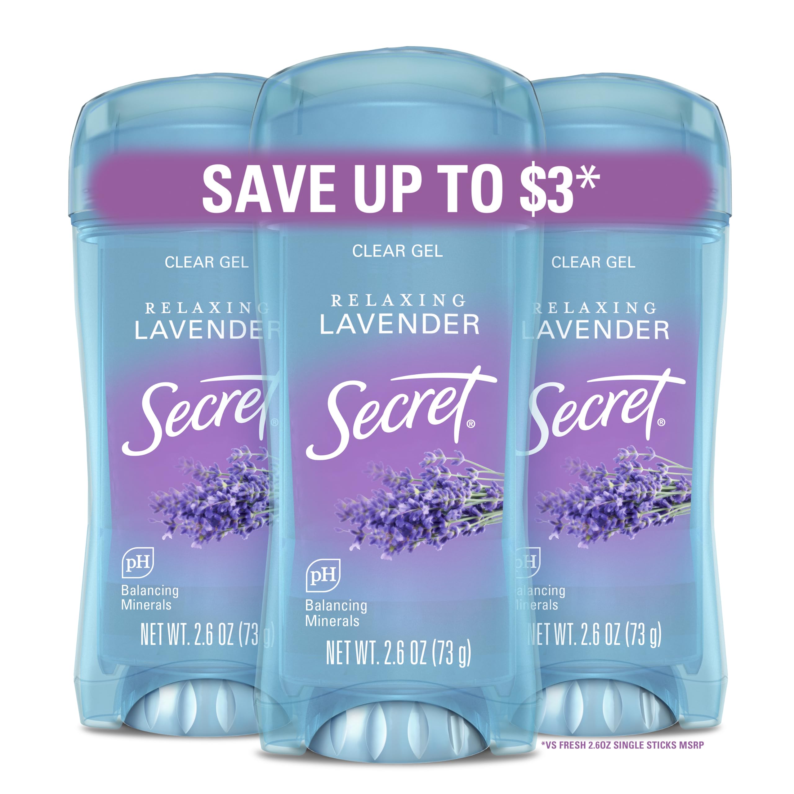 Secret Fresh Antiperspirant Deodorant for Women, 72hr Breathable Sweat & Odor Protection, Instant Freshness & Gentle, PH Balancing Minerals, Clear Gel, Cool Waterlily Scent, 2.6 oz (Pack of 3)