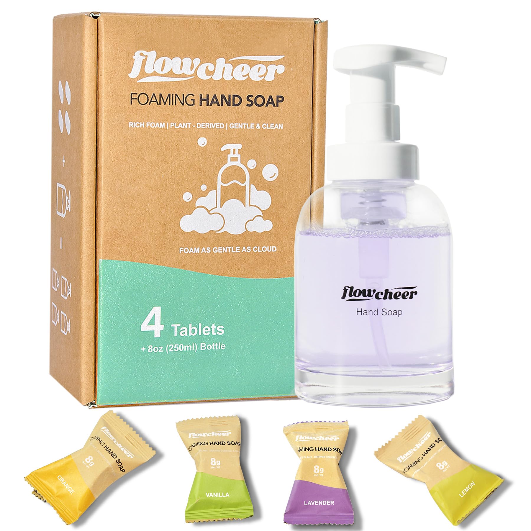 Premium imported flowcheer foaming hand soap refill with 4 plant-derived tablet flavors: vanilla, lavender, and more.