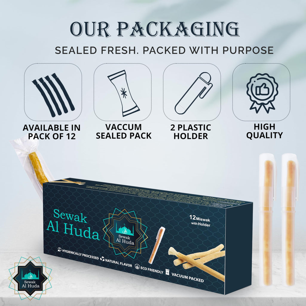 12 Pcs Miswak Sticks with Holder - Vacuum Sealed Chewing Miswak Sticks for Teeth - Natural Flavored Toothbrush for Teeth Whitening, Oral Health, and Fresh Breath || Pack of 12
