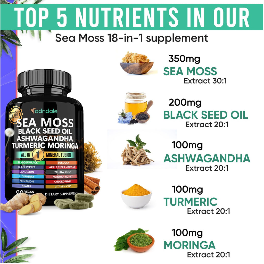Adndale Sea Moss Capsules - Sea Moss Blend with Ashwagandha, Turmeric & Black Seed Oil - 90 Count
